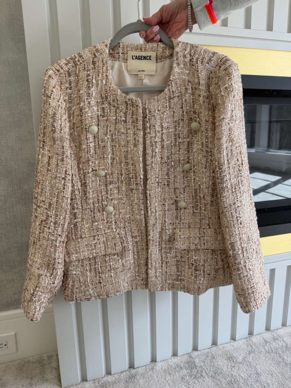L'AGENCE Cream Bouclé Double-Breasted Tweed Jacket
